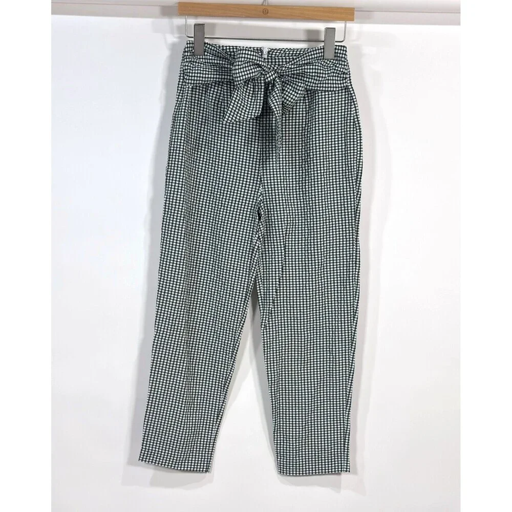 Free People Westside Gingham Seersucker Tie-Waist Pants Black White - Size 2